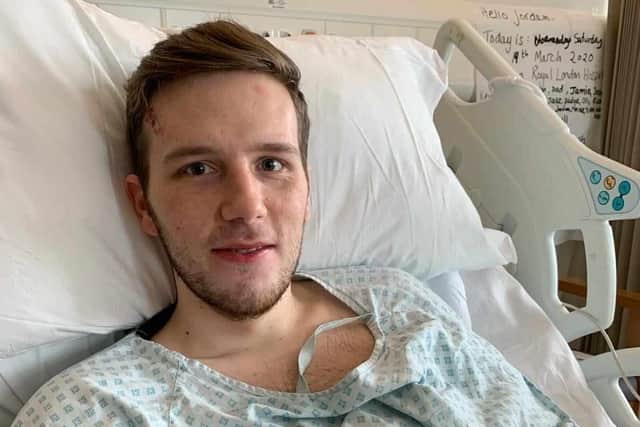 Jordan around six weeks after his accident, on the road to recovery