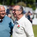 Former Lancashire and England cricketer turned commentator David Lloyd, right, made an appearance for Lancashire Over 70s against Staffordshire at Leyland Cricket Club. Photo: Kelvin Lister-Stuttard