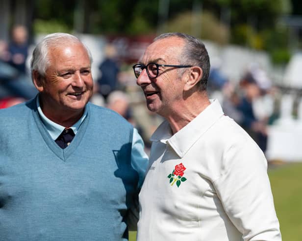 Former Lancashire and England cricketer turned commentator David Lloyd, right, made an appearance for Lancashire Over 70s against Staffordshire at Leyland Cricket Club. Photo: Kelvin Lister-Stuttard
