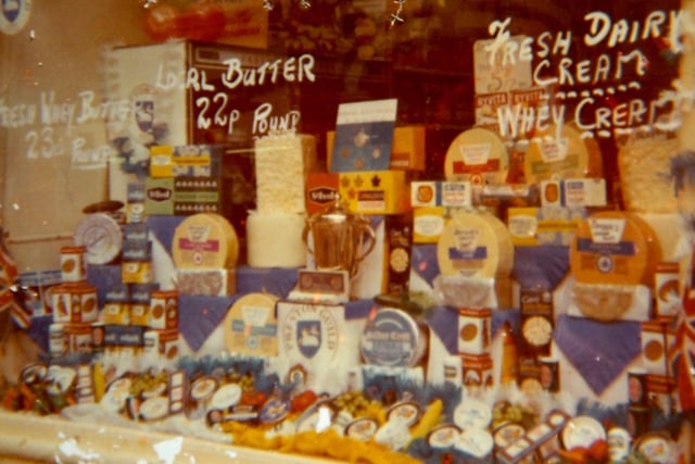 The shop window of Steve and Sue Jones' cheese shop in Orchard Street, Preston back in1972