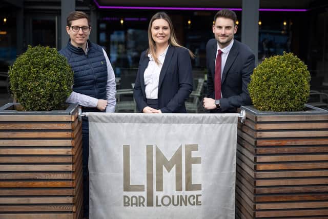 Jemma Lloyd, head of Vincents’ Penwortham branch, with Vincents colleague Jack Andre and Michael Bailey of Michael Bailey Estate Agents at Lime Bar where they will host the first Penwortham Business Network on Thursday March 17 from 9.30am