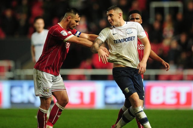 Preston North End's Jordan Hugill is hurried along by Bristol City's Bailey Wright as he's substituted.