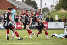 Mark Ellis (No.3) celebrates after scoring the opening goal against Southport on Monday (photo: David Airey/dia images)