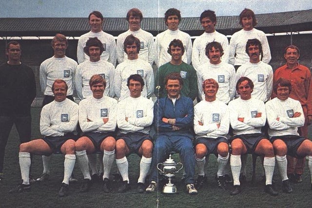 Pictured in this image are two Preston North End wingers of the 70s. On the far left of the back row is Dave Wilson, and second from the right on the middle row is Jim McNab. Dave Wilson was a right-sided winger who had two spells with North End - from 1960 to 1967 making 170 appearances and scoring 31 goals. He returned to PNE after a very short time with Liverpool and went on to make a further 111 appearances and scoring 10 more goals. Jim McNab was his contemporary and himself made 224 appearances, nabbing himself six goals. He was also named Official Player of the Year on two occasions
