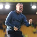 Preston North End manager Ryan Lowe celebrates at the end of the match at Norwich City