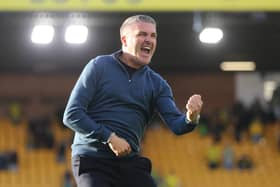 Preston North End manager Ryan Lowe celebrates at the end of the match at Norwich City