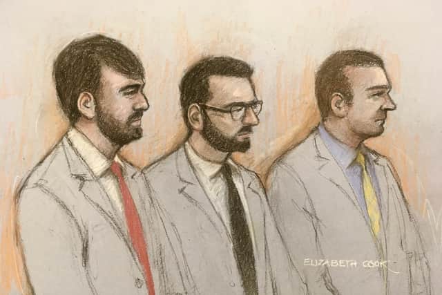 Court artist sketch by Elizabeth Cook of (left to right) serving Metropolitan police officers Pc William Neville, and Jonathon Cobban, along with former police officer Joel Borders appearing in the dock at Westminster Magistrates' Court.