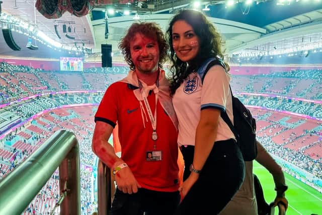 Colin Shapley with fiancee Londa Managadze at the England v USA game at Al Bayt Stadium.