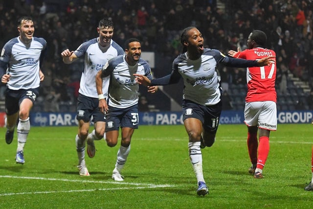 Preston North End's Daniel Johnson celebrates scoring his team’s winning goal against Barnsley in Lowe's first game in charge