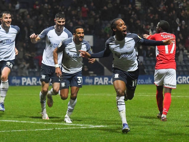 Preston North End's Daniel Johnson celebrates scoring his team’s winning goal against Barnsley in Lowe's first game in charge