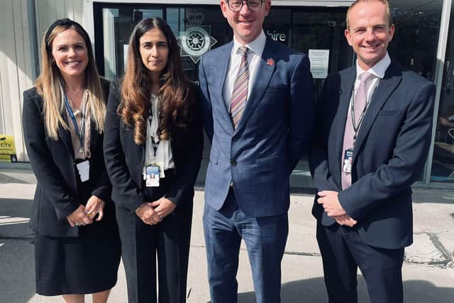 Lancashire's Police and Crime Commissioner Andrew Snowden visiting the RASSO team (from left) DI Ellie Gomerson, DI Mussarat Khan, Lancashire PCC Andrew Snowden and DCI Mike Gladwin