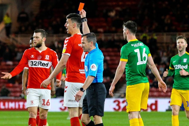 Referee Keith Stroud shows Middlesbrough's Daniel Ayala the red card