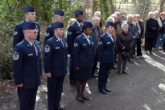 A small honour guard of members of the United States Air Force at the wreath latying ceremony in Endcliffe Park in honour of the Flying Fortress Mi Amigo that crashed in the park in 1944 saving civilian lives.