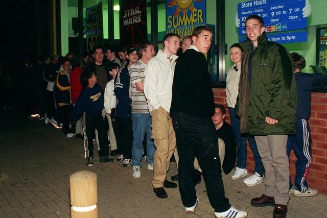 Fans waiting for Toys R Us, Preston to open at midnight in 1999 for the sale of Star Wars merchandise