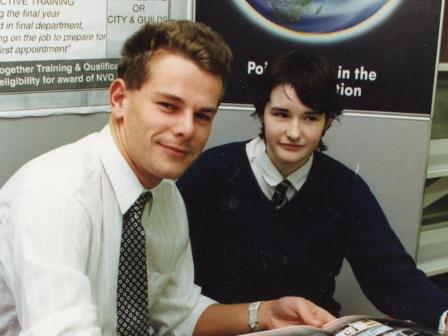 Industry chiefs have gone back into the classroom to spread the word about job opportunities. Manager and apprentices from five major companies in Lancashire attended a school industry day at Ribbleton Hall High School in 1991. Pictured is GEC training instructor Alan Cairns with Ann Hamer, 15