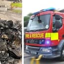 Left: the fire in a metal storage skip at the Farington Waste Recovery Park