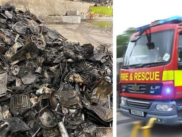 Left: the fire in a metal storage skip at the Farington Waste Recovery Park