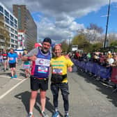 James (right) with his friend Adam Winter, whose father passed from cancer some years ago, at the Manchester Marathon