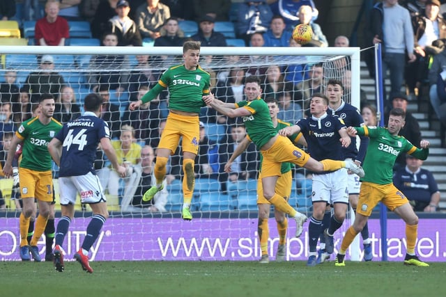 Preston North End's Alan Browne and Brad Potts clear the ball