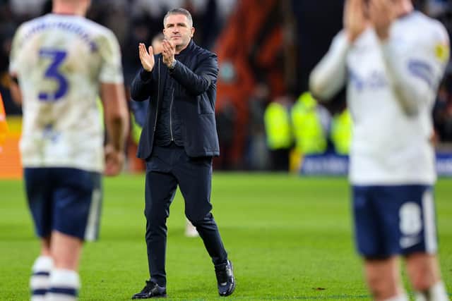 Preston North End manager Ryan Lowe applauds the fans at Hull