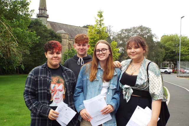 L - R: Clay Lowry, Jack, Nell Williams and Zofia Kowalska delighted with their GCSE results. Jack, Nell and Zofia are enrolling into Ripley Sixth Form while Clay is moving on to Cardinal Newman College.