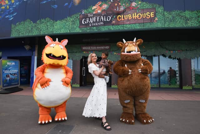 Helen Flanagan, with son Charlie, opens the new Gruffalo & Friends Clubhouse on Blackpool Promenade