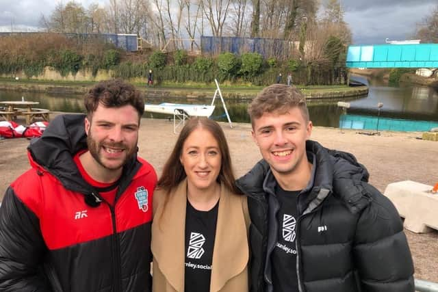 Burnley Brand Manager Rachel Bayley with radio and TV presenter Jordan North who is from Burnley (left) and Luke Pollard, digital marketing co-ordinator for Burnley Bondholders