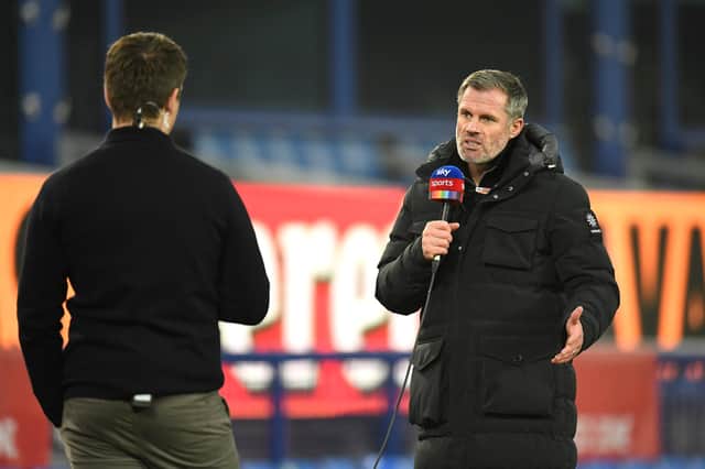 LIVERPOOL, ENGLAND - NOVEMBER 28: Sky Pundit Jamie Carragher is seen prior to the Premier League match between Everton and Leeds United at Goodison Park on November 28, 2020 in Liverpool, England. Sporting stadiums around the UK remain under strict restrictions due to the Coronavirus Pandemic as Government social distancing laws prohibit fans inside venues resulting in games being played behind closed doors. (Photo by Peter Powell - Pool/Getty Images)