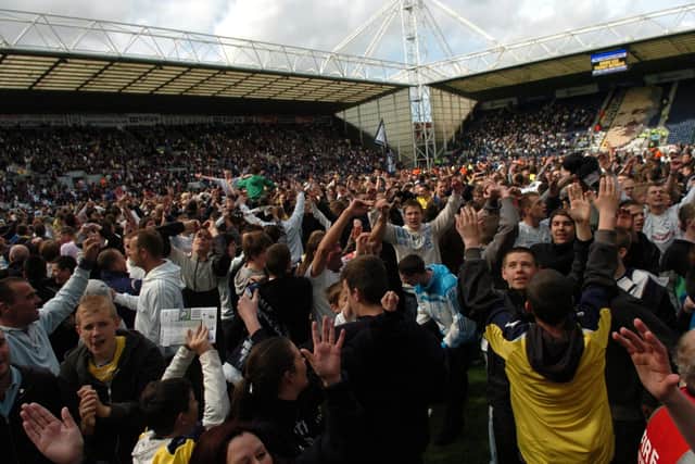 Preston North End celebrate getting into the play-offs after victory over Queens Park Rangers