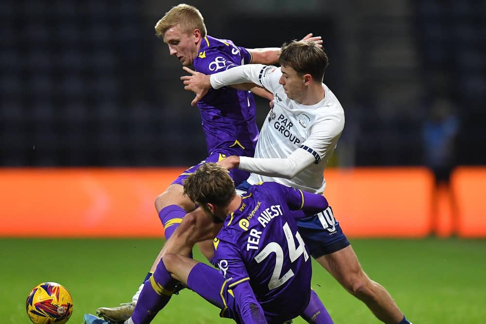 Preston North End's Mads Frokaer-Jensen battles with Oxford United's Louie Sibley and Hidde ter Avest

Photographer Dave Howarth / CameraSport

The EFL Sky Bet Championship - Preston North End v Oxford United - Saturday 4th January 2025 - Deepdale - Preston

World Copyright © 2025 CameraSport. All rights reserved. 43 Linden Ave. Countesthorpe. Leicester. England. LE8 5PG - Tel: +44 (0) 116 277 4147 - admin@camerasport.com - www.camerasport.com