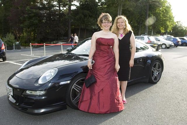 Elizabeth Shackleton-Swain, 16, and Emily Henry, 16, arrive in a dashing Porsche to the Archbishop Temple High School prom, held at the Pines in Clayton-le-Woods in 2010