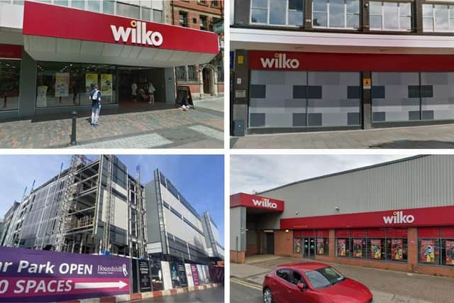 Top left clockwise: Wilko in Preston, in Burnley, in Cleveleys and its proposed site in Blackpool.