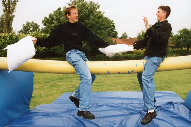 Hitting out - Mark Ingleson (left), and James Edmonds, both 15, set to it with pillows at Broughton High School gala