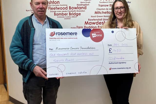 Denis presents his spring “Back in Time” music show donation to Amy Hilton of Rosemere Cancer Foundation