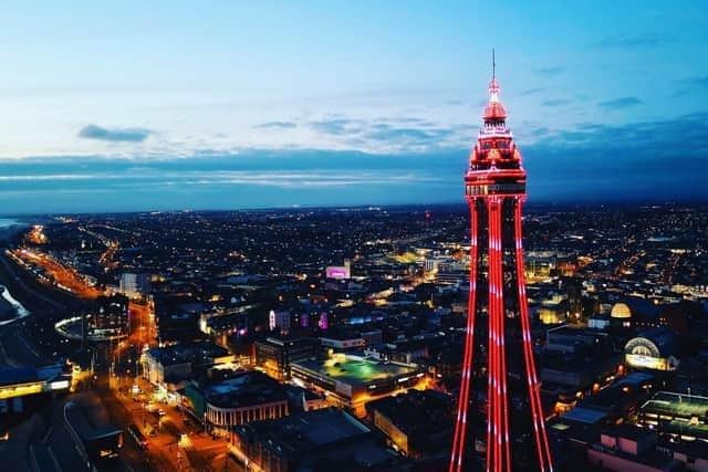Blackpool Tower with light up red and white for the Lionesses after they reached their first World Cup final