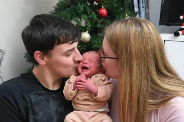 Noah-Scott Murphy, one of the first babies to be born on Christmas Day 2022, with parents Nicole McInnes and Ryan Murphy.