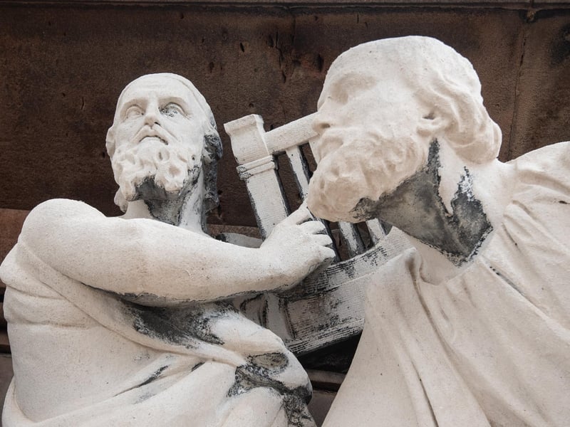 Figures including Parmenides and Zeno discuss philosophy high above the hustle and bustle of the Flag Market