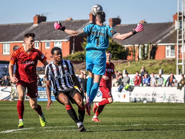 Chorley striker Millenic Alli is thwarted on Saturday against Blyth Spartans (Stefan Willoughby)