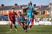 Chorley striker Millenic Alli is thwarted on Saturday against Blyth Spartans (Stefan Willoughby)