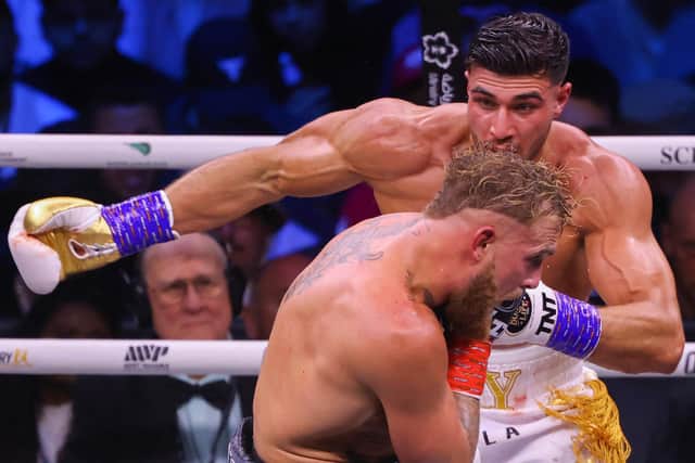British reality TV star Tommy Fury fights against US YouTuber Jake Paul during a boxing match held at Diriyah in Riyadh, Saudi Arabia on February 27, 2023. (Photo by Fayez Nureldine/AFP via Getty Images)