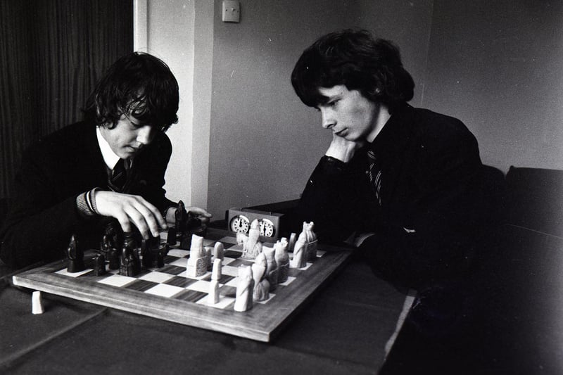 Schoolboy Colin Beesley (left) is the champion of an under-16 knock-out chess tournament which involved 60 boys and girls from schools throughout Preston. The fourth year student from St Edmund Campion School, Fulwood, beat Paul Slater, a fifth year pupil of Preston Catholic College in the final. They are both pictured engaged in battle
