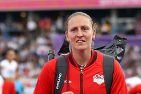 Holly Bradshaw of Team England looks on after withdrawing from the Women's Pole Vault Final on day five of the Birmingham 2022 Commonwealth Games at Alexander Stadium on August 02, 2022 in the Birmingham, England. (Photo by Michael Steele/Getty Images)