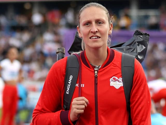 Holly Bradshaw of Team England looks on after withdrawing from the Women's Pole Vault Final on day five of the Birmingham 2022 Commonwealth Games at Alexander Stadium on August 02, 2022 in the Birmingham, England. (Photo by Michael Steele/Getty Images)