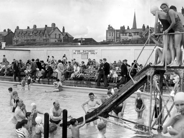 Holiday fun in St Annes open air pool, August 1954