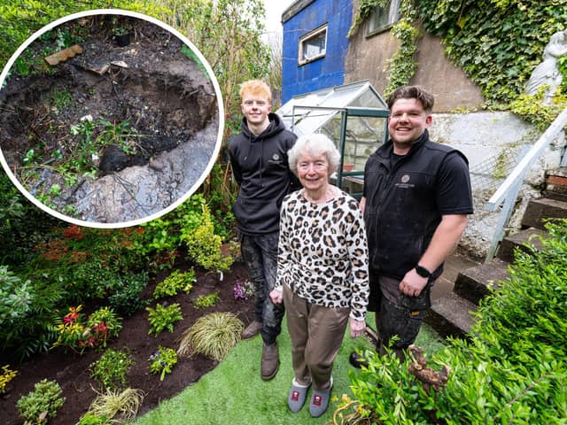 Dorothy Rigby was delighted by the generosity of Nick Whittle (right) and Rob Smith, from NFW Landscapes and Paving in Chorley, who filled in the sinkhole (inset) that her dominated her back garden since late last summer