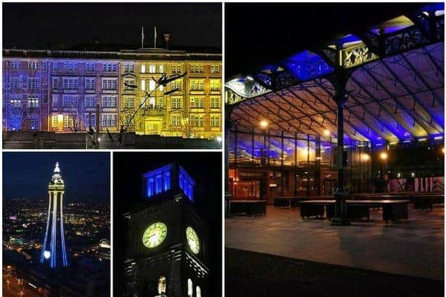 A host of buildings across Lancashire have lit up to show their support for Ukraine
