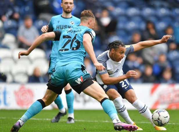 Preston North End's Cameron Archer on the ball against Millwall on Good Friday