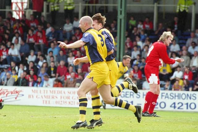 Andy Saville celebrates with Simon Davey after giving Preston North End the lead at Leyton Orient in 1996
