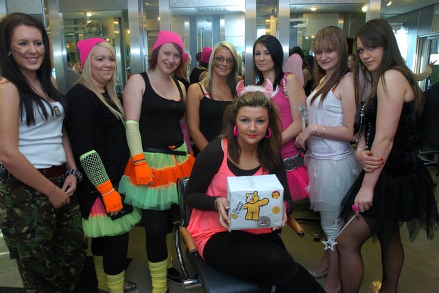 Hairdressing level one students at Lancaster and Morecambe College  - pictured (from left to right) Kerry Matthews, Lucy Crossland, Katy Gill, Becky Hetherington, Leanne Moore, Kerri Jackson, Hayley Chaplehow and Hayley Baines - who dressed in tutus and styled hair to raise funds for Children In Need