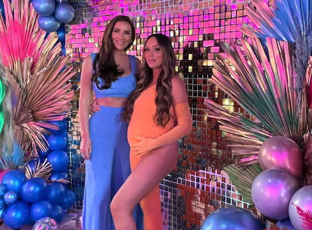 Fashion designer Carrie-Ann Kay (left) with reality TV star Charlotte Crosby sporting her gender reveal party outfit made by Carrie-Ann